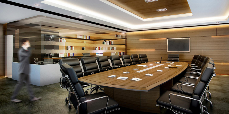 Executive briefing room with large conference table