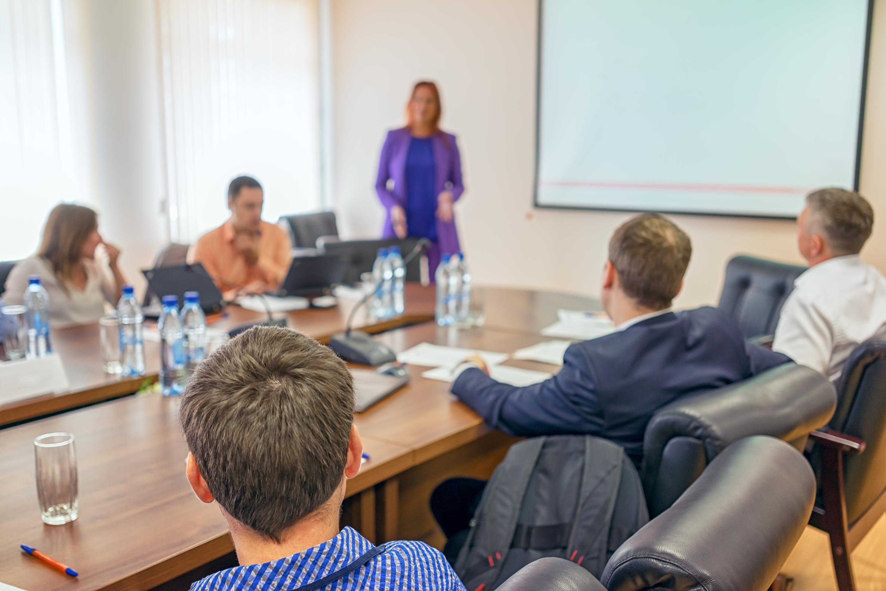 Company representative meeting with clients in an executive briefing center